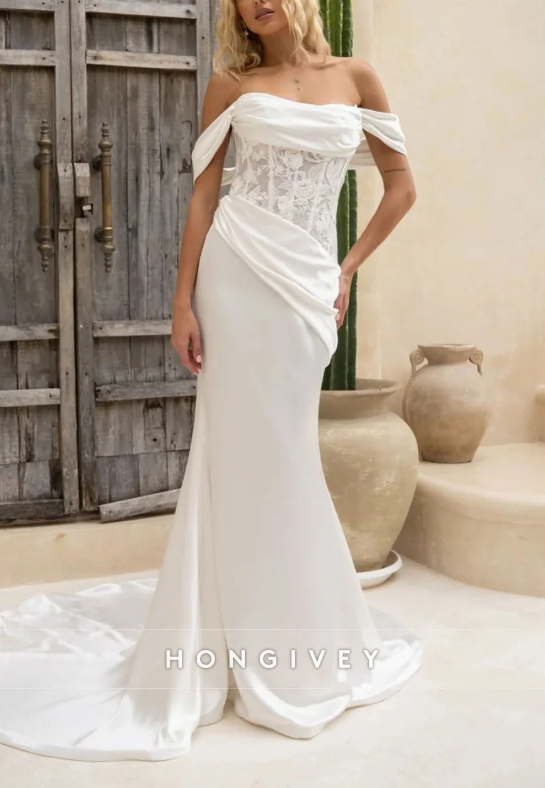 Satin Off the Shoulder Court Train Pleated Mermaid Wedding Dresses
