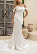 Satin Off the Shoulder Court Train Pleated Mermaid Wedding Dresses