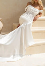 Satin Off the Shoulder Court Train Pleated Mermaid Wedding Dresses