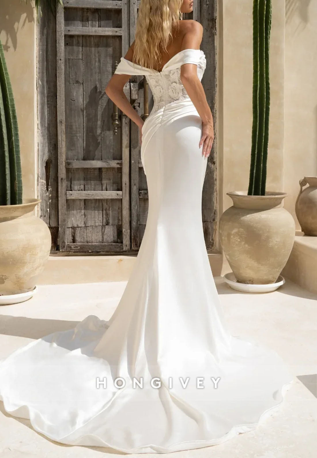 Satin Off the Shoulder Court Train Pleated Mermaid Wedding Dresses