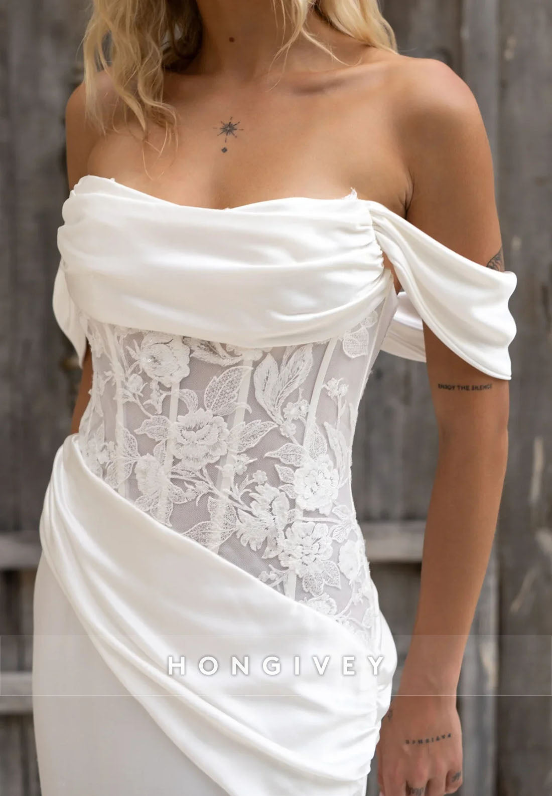 Satin Off the Shoulder Court Train Pleated Mermaid Wedding Dresses