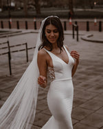 Sexy Satin Fitted V-Neck Straps Empire Appliques With Train Beach Wedding Dress