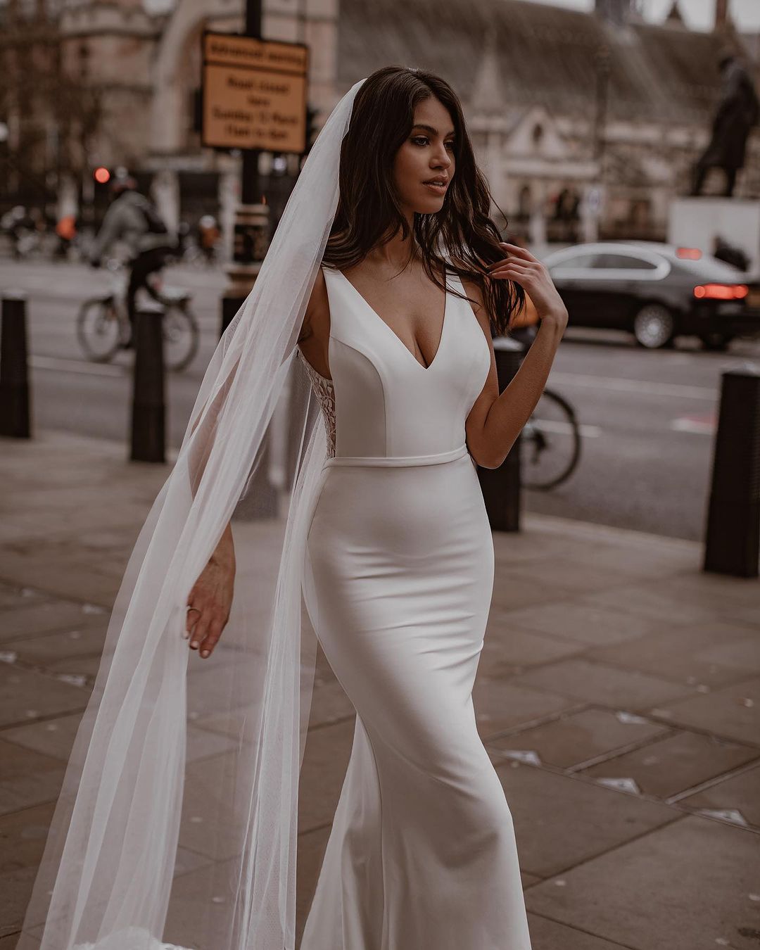 Sexy Satin Fitted V-Neck Straps Empire Appliques With Train Beach Wedding Dress