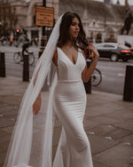 Sexy Satin Fitted V-Neck Straps Empire Appliques With Train Beach Wedding Dress