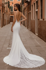 Sexy Satin Fitted V-Neck Straps Empire Appliques With Train Beach Wedding Dress