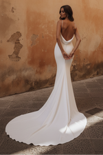 Sexy Fitted Satin V-Neck Spaghetti Straps Open Back With Train Wedding Dress