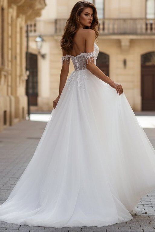 HONGIVEY Stunning Tulle Wedding Dress Side Slit A-Line Off-Shoulder Bride Gown