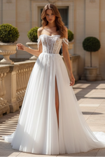 HONGIVEY Stunning Tulle Wedding Dress Side Slit A-Line Off-Shoulder Bride Gown