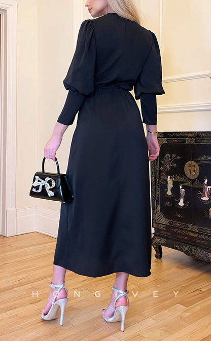 HM225 - Sheath V-Neck 3/4 Sleeves With Slit Mother of the Bride Dress