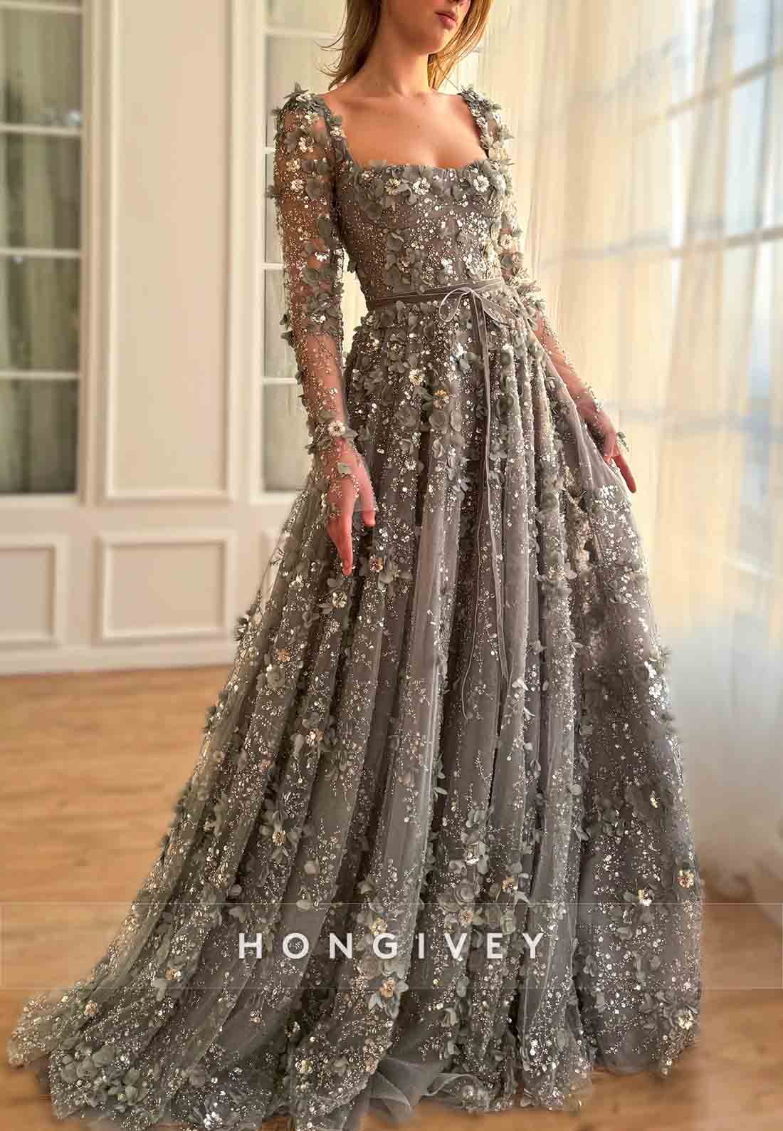 Steel Grey A-Line Square Neck Evening Gowns with Long Sleeves and Embroidery