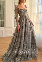 Steel Grey A-Line Square Neck Evening Gowns with Long Sleeves and Embroidery