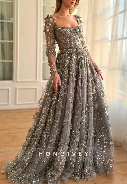 Steel Grey A-Line Square Neck Evening Gowns with Long Sleeves and Embroidery
