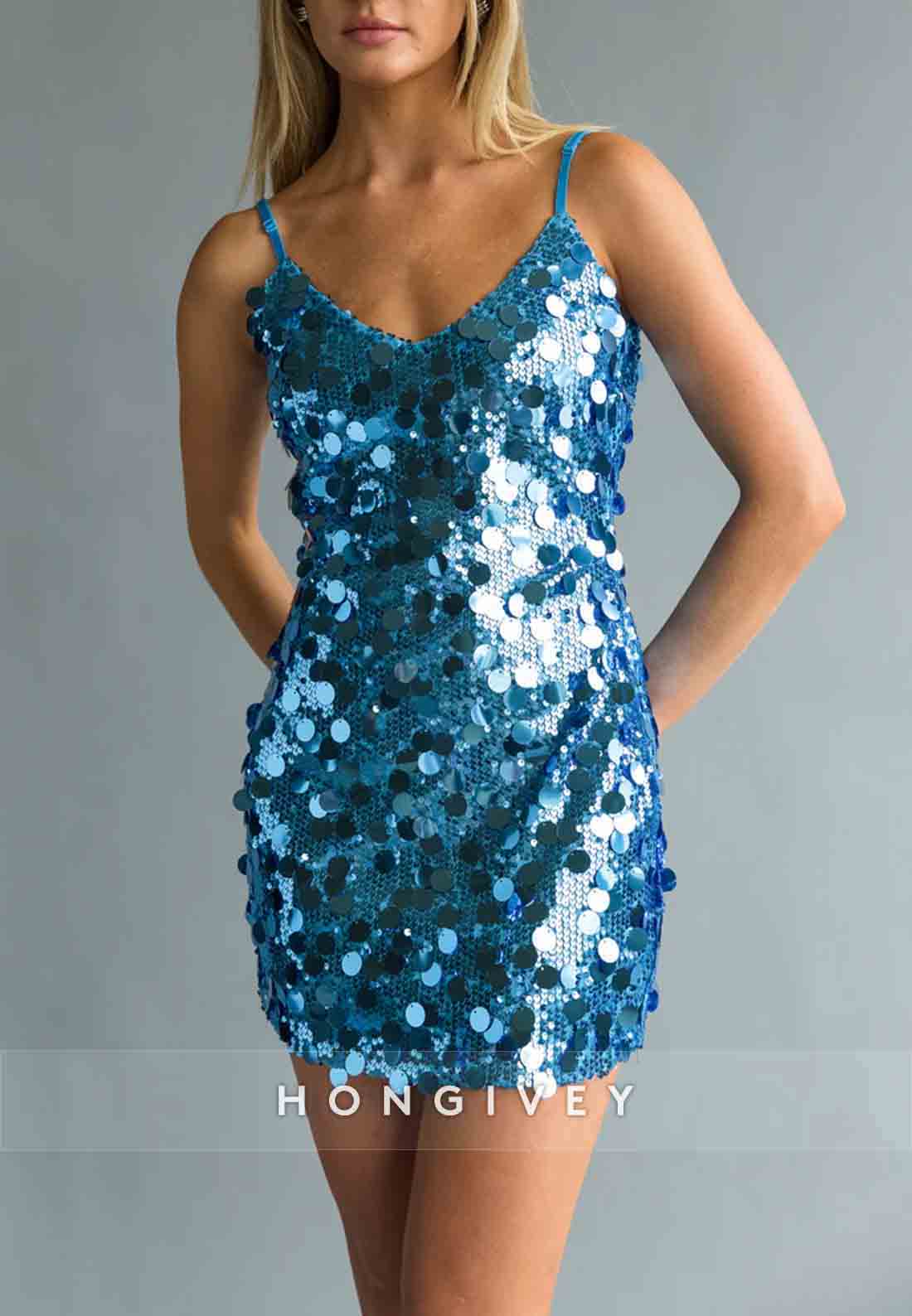 Sequined Bodycon Low Back Spaghetti Strap Mini Homecoming Dress