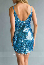 Sequined Bodycon Low Back Spaghetti Strap Mini Homecoming Dress