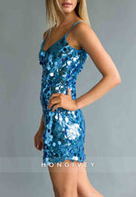 Sequined Bodycon Low Back Spaghetti Strap Mini Homecoming Dress