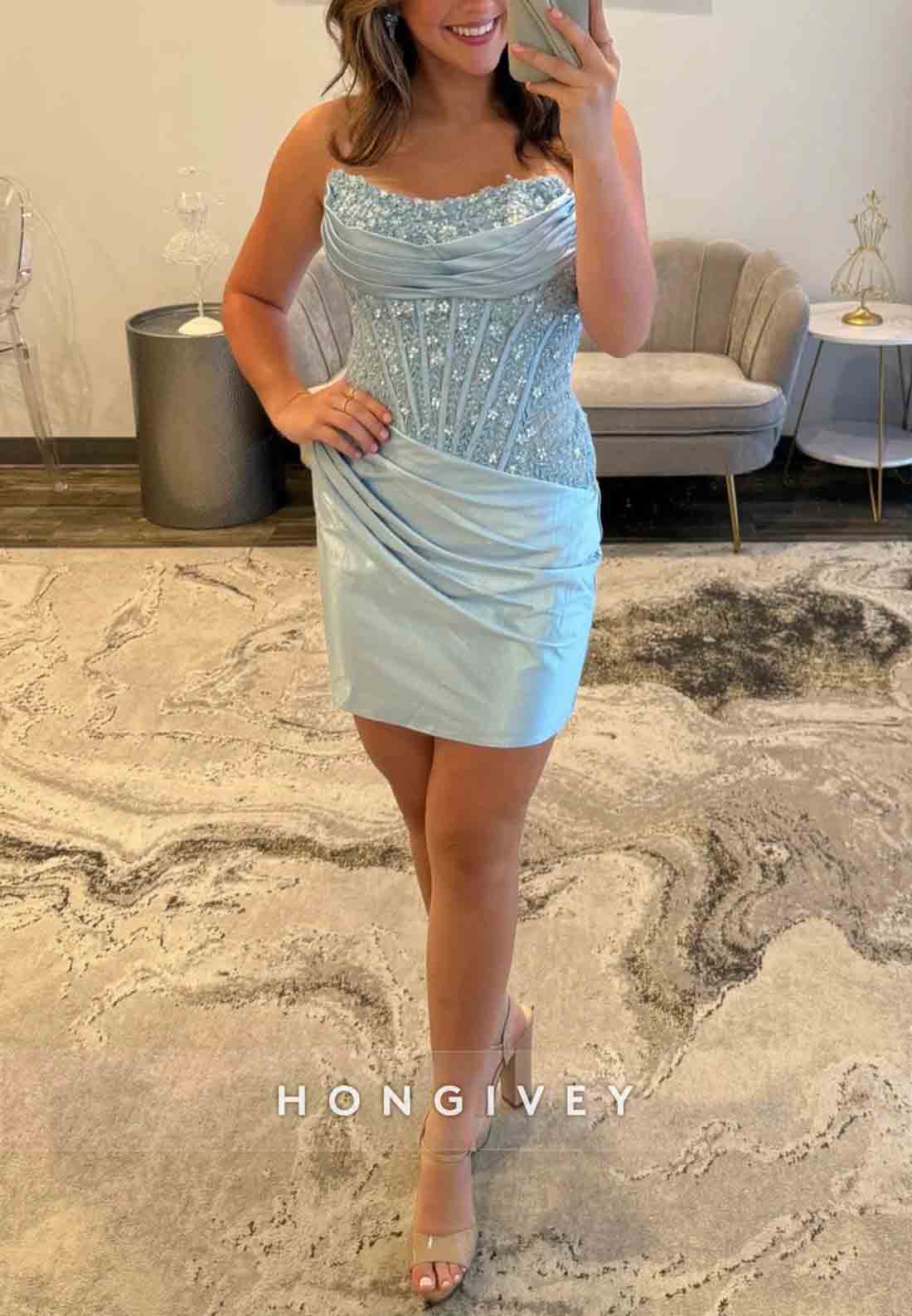 Gorgeous Strapless Sheath Satin Mini Homecoming Dress with Beading Corset