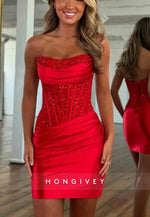 Gorgeous Strapless Sheath Satin Mini Homecoming Dress with Beading Corset