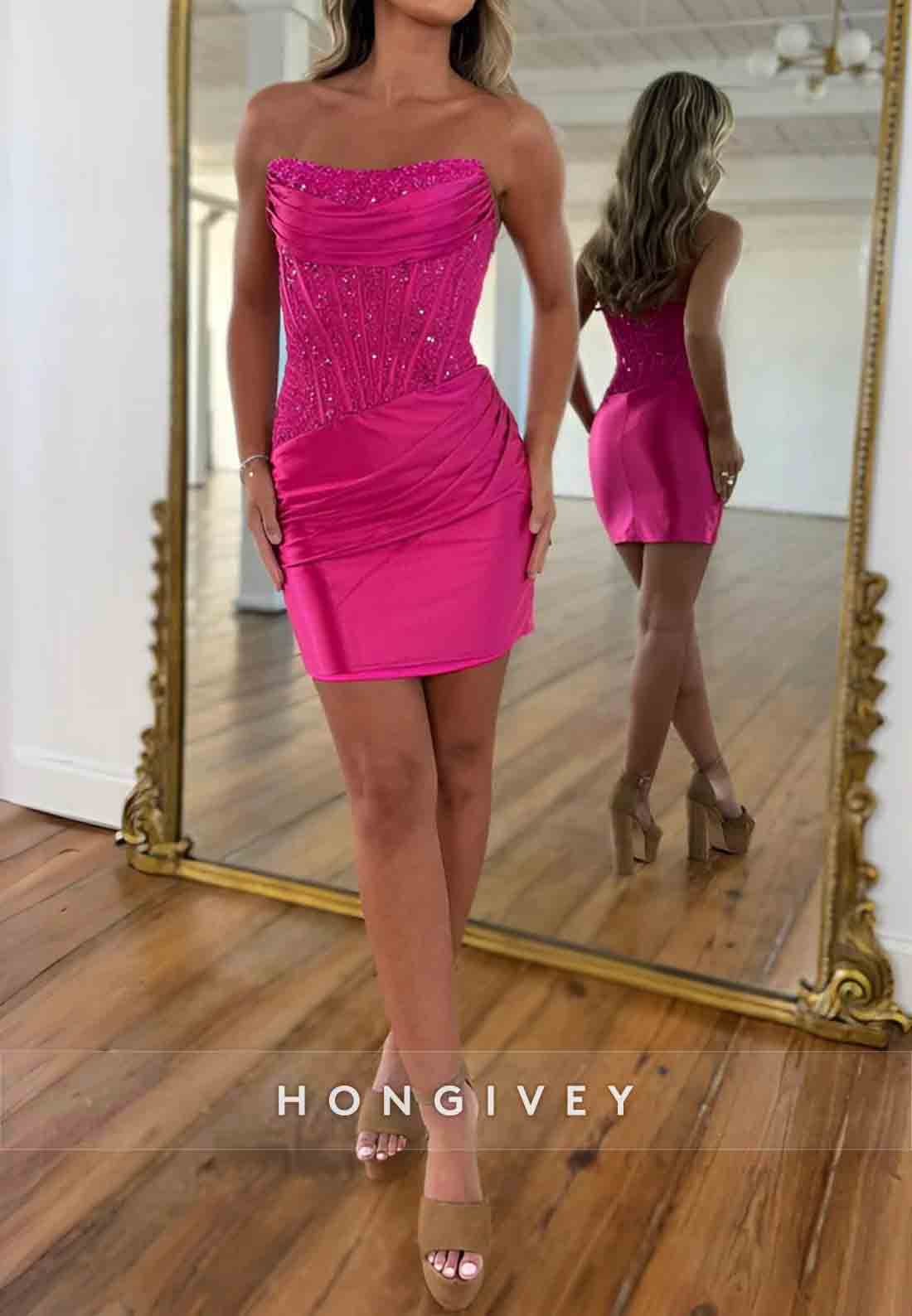 Gorgeous Strapless Sheath Satin Mini Homecoming Dress with Beading Corset