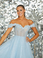 Applique Off the Shoulder Sleeveless Sparkle Tulle A-Line Prom Dress