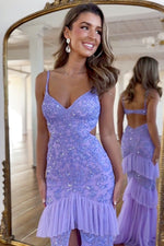 Lavender Sequin Mermaid Spaghetti Straps Sweep Train Prom Dress With Slit