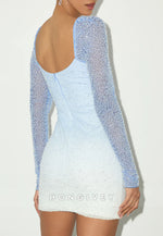 Blue Long Sleeves Sheath Square Neck Beaded Mini Homecoming Dress