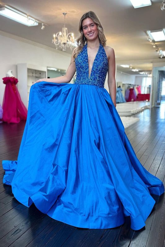Goegeous Blue A-Line Deep V-Neck Long Satin Prom Dress with Sequin