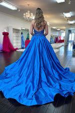 Goegeous Blue A-Line Deep V-Neck Long Satin Prom Dress with Sequin