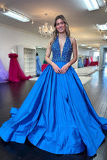 Goegeous Blue A-Line Deep V-Neck Long Satin Prom Dress with Sequin