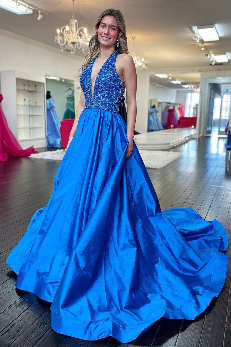 Goegeous Blue A-Line Deep V-Neck Long Satin Prom Dress with Sequin