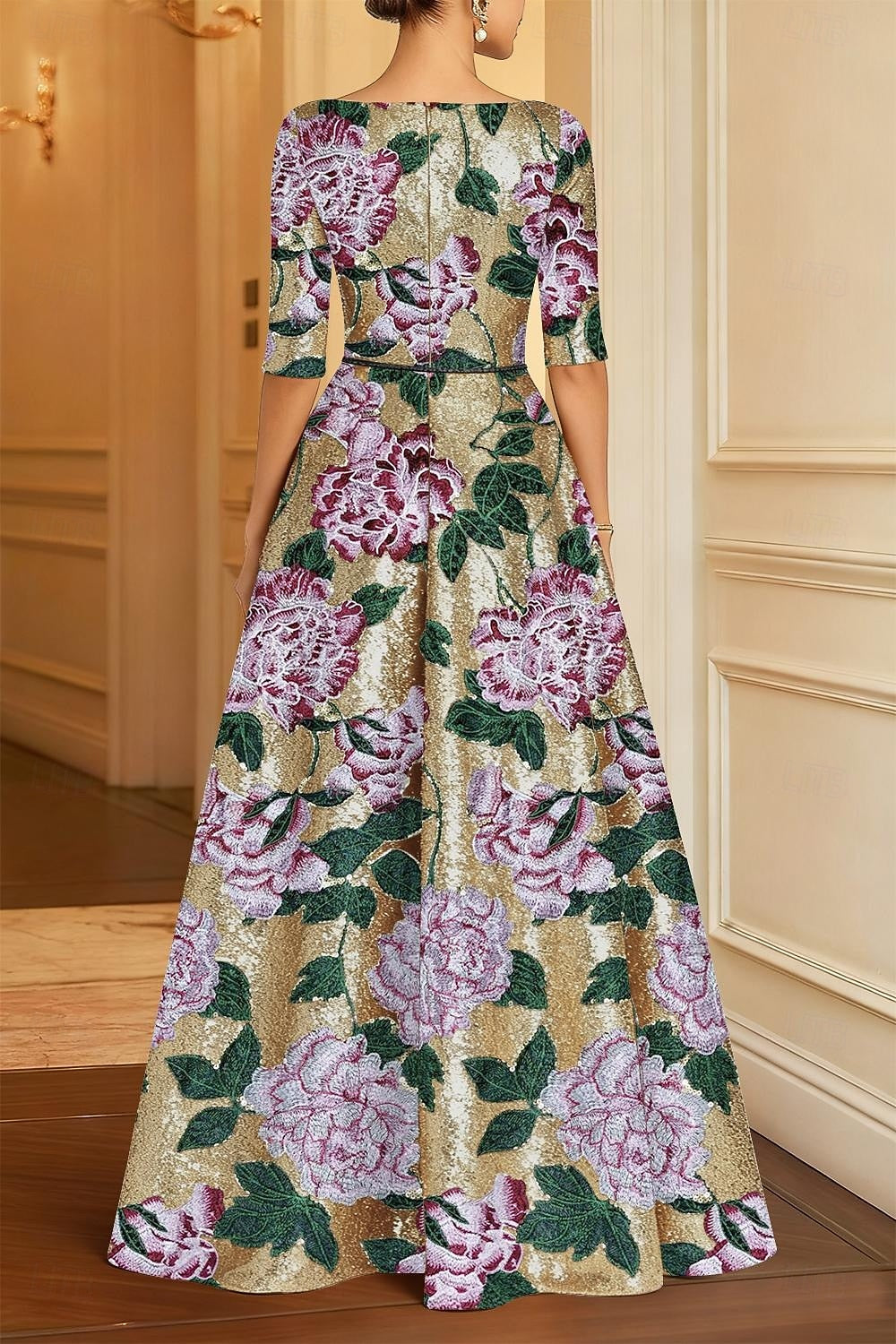 Gold Floral Embroidered A-Line Evening Gown Formal Wedding Floor Length Half Sleeve V Neck Capes Sequined with Pocket