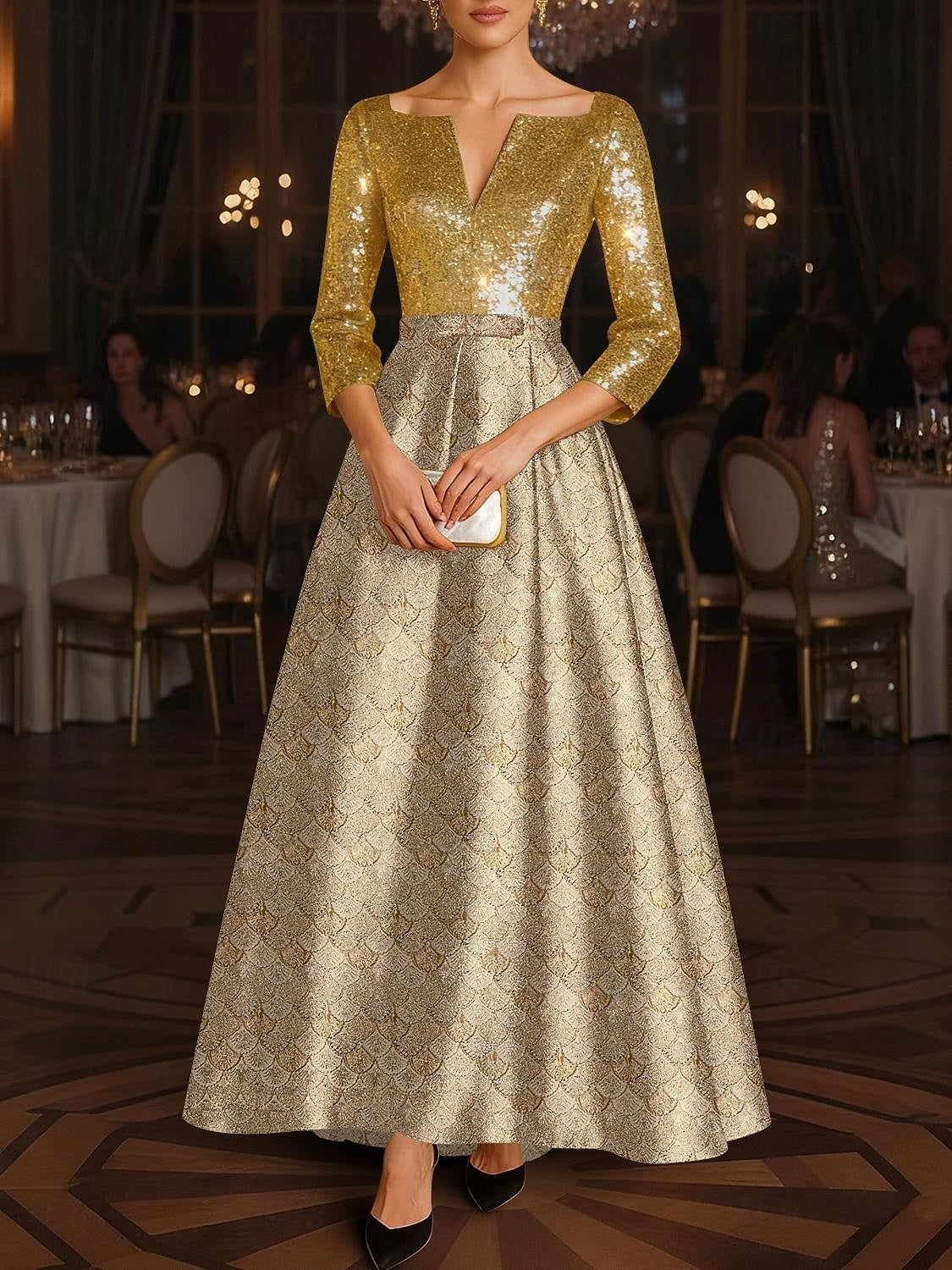 Gold Sequin 3/4 Sleeve Jacquard Scallop Pattern A-Line Evening Gown