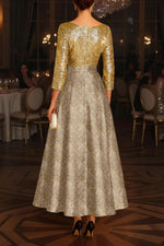 Gold Sequin 3/4 Sleeve Jacquard Scallop Pattern A-Line Evening Gown