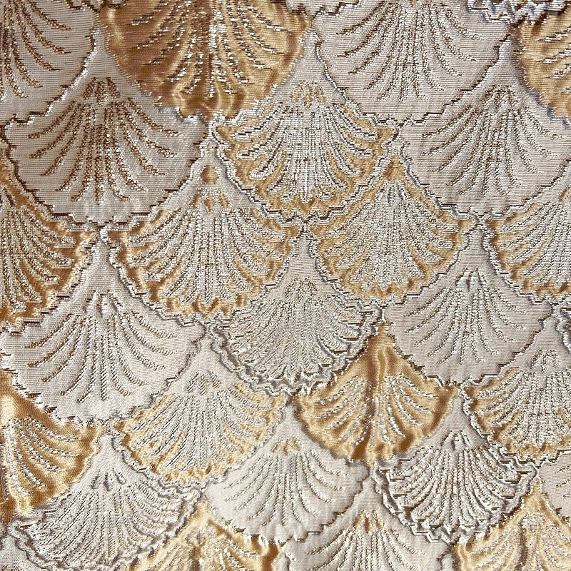 Gold Sequin 3/4 Sleeve Jacquard Scallop Pattern A-Line Evening Gown