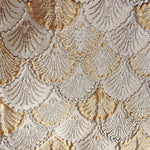 Gold Sequin 3/4 Sleeve Jacquard Scallop Pattern A-Line Evening Gown