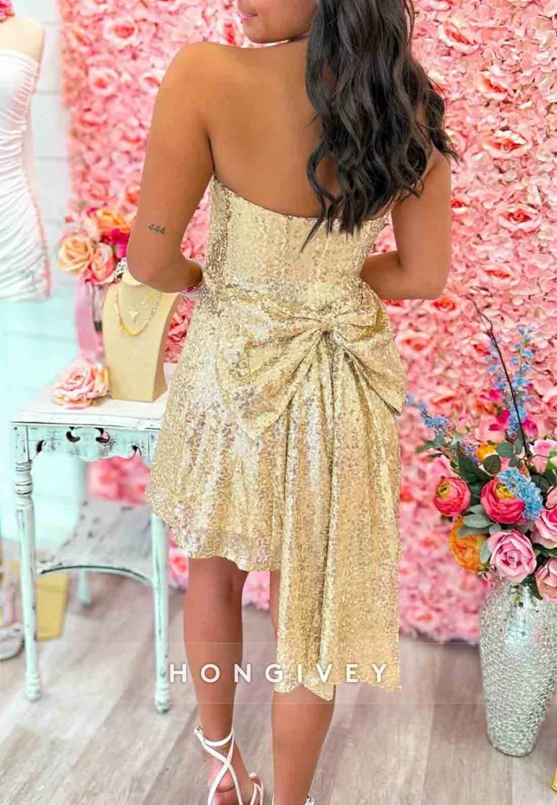 Gold Strapless Sequin Mini Homecoming Dress with Back Bow Detail