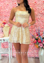 Gold Strapless Sequin Mini Homecoming Dress with Back Bow Detail