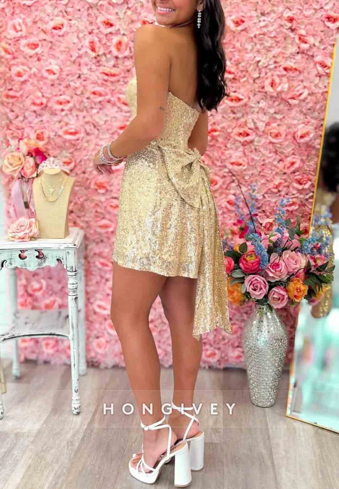 Gold Strapless Sequin Mini Homecoming Dress with Back Bow Detail