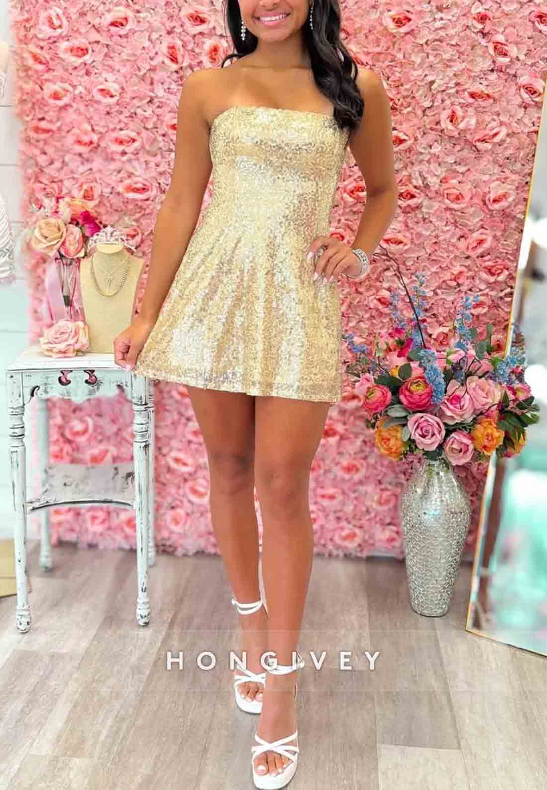 Gold Strapless Sequin Mini Homecoming Dress with Back Bow Detail