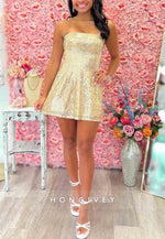 Gold Strapless Sequin Mini Homecoming Dress with Back Bow Detail