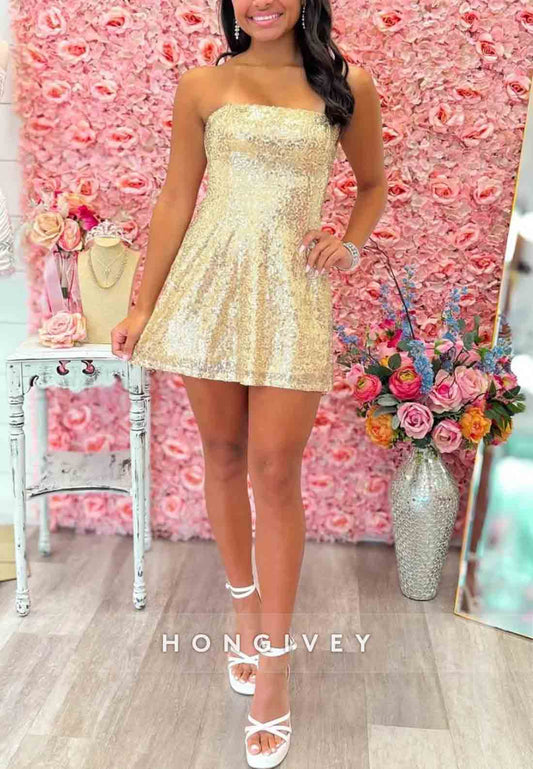Gold Strapless Sequin Mini Homecoming Dress with Back Bow Detail