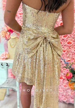 Gold Strapless Sequin Mini Homecoming Dress with Back Bow Detail