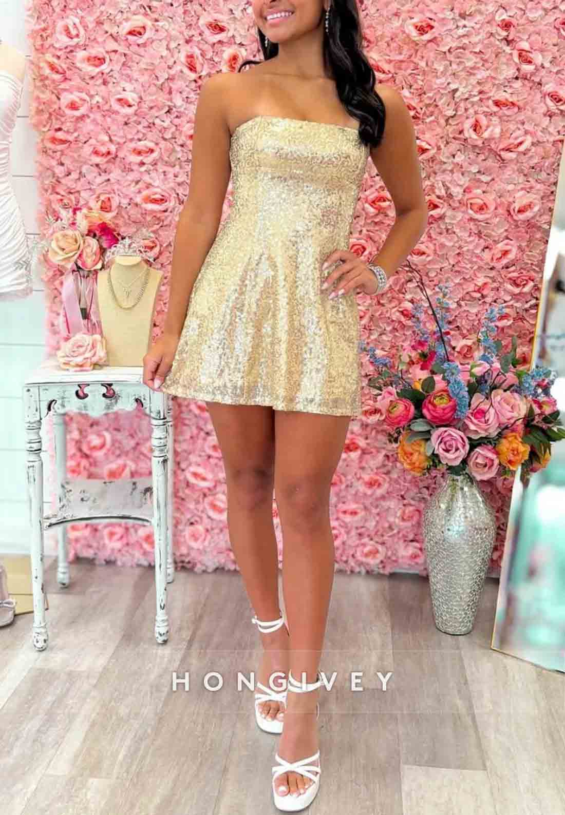 Gold Strapless Sequin Mini Homecoming Dress with Back Bow Detail