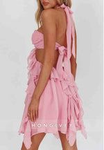 Gorgeous Halter Neck A Line Pink Short Homecoming Dress with Ruffles
