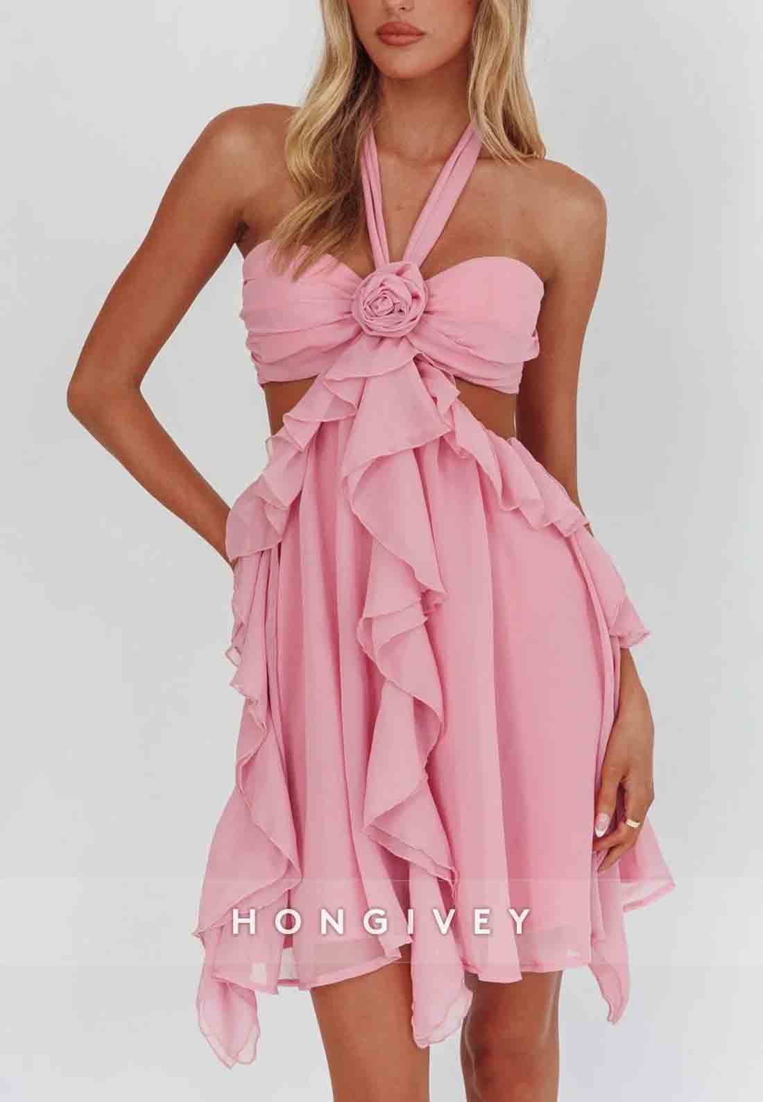 Gorgeous Halter Neck A Line Pink Short Homecoming Dress with Ruffles