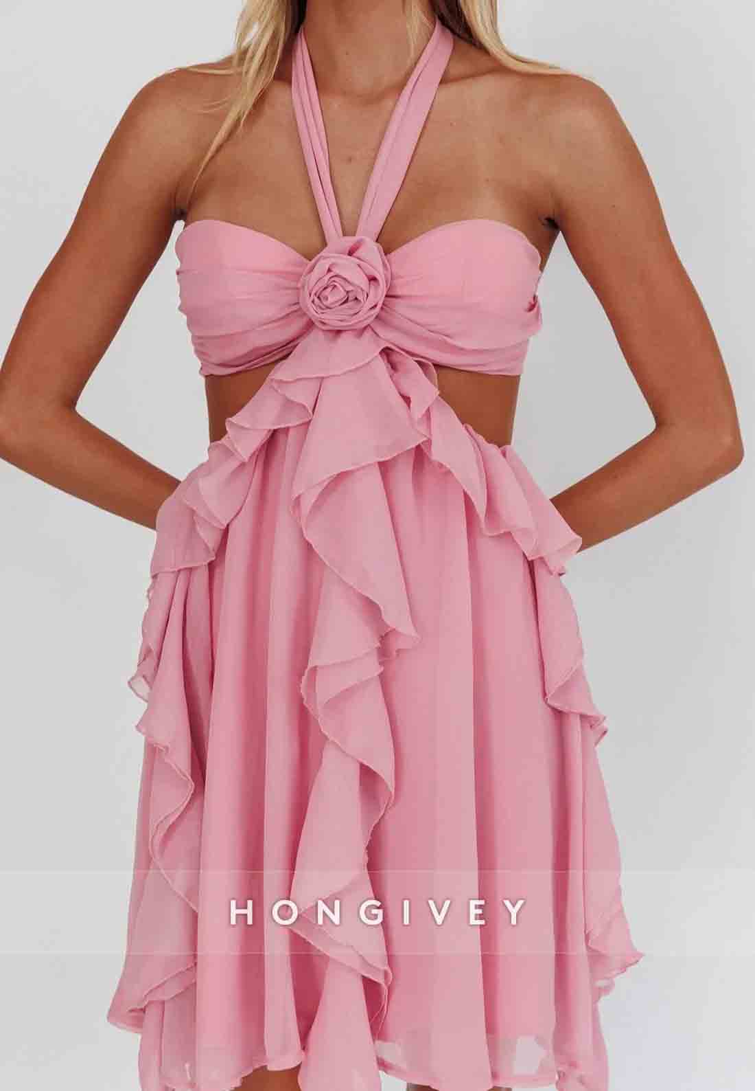 Gorgeous Halter Neck A Line Pink Short Homecoming Dress with Ruffles