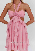 Gorgeous Halter Neck A Line Pink Short Homecoming Dress with Ruffles