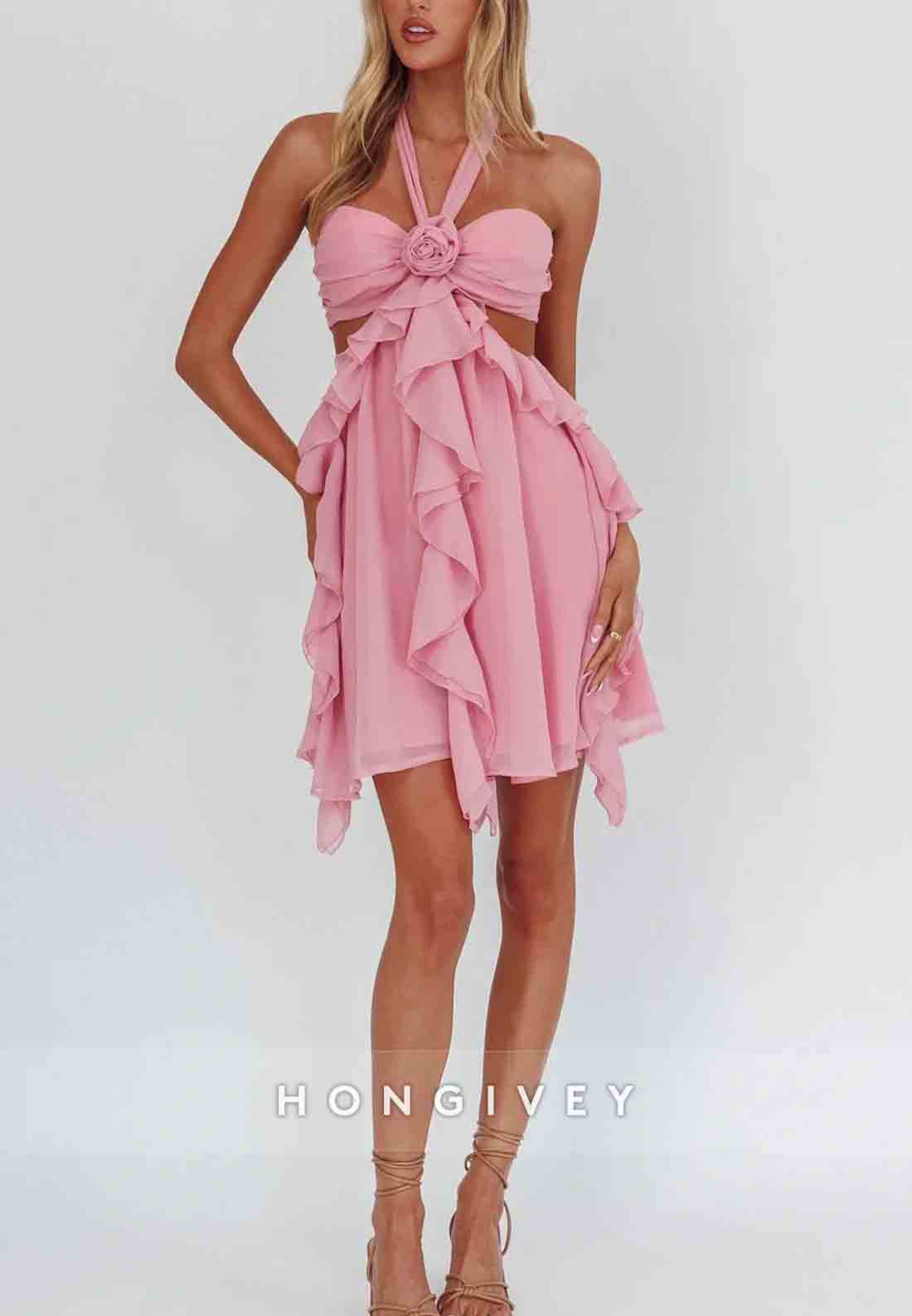Gorgeous Halter Neck A Line Pink Short Homecoming Dress with Ruffles