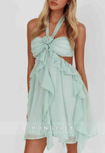 Gorgeous Halter Neck A Line Pink Short Homecoming Dress with Ruffles