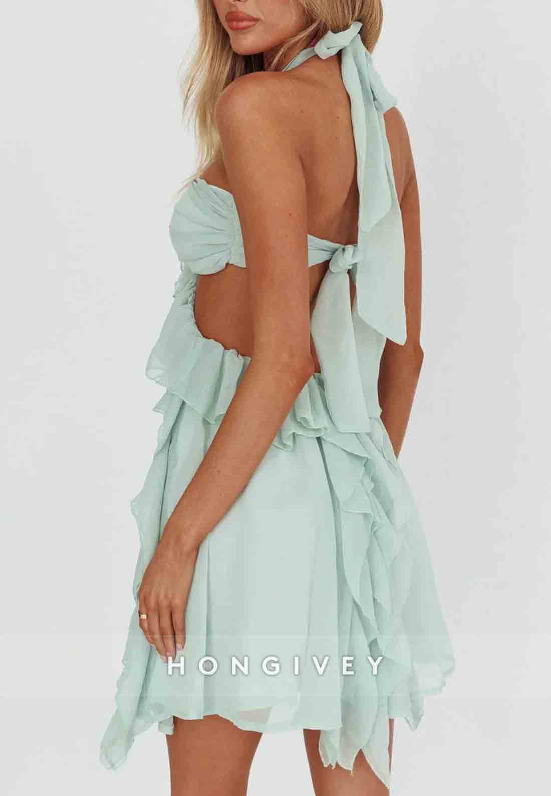 Gorgeous Halter Neck A Line Pink Short Homecoming Dress with Ruffles