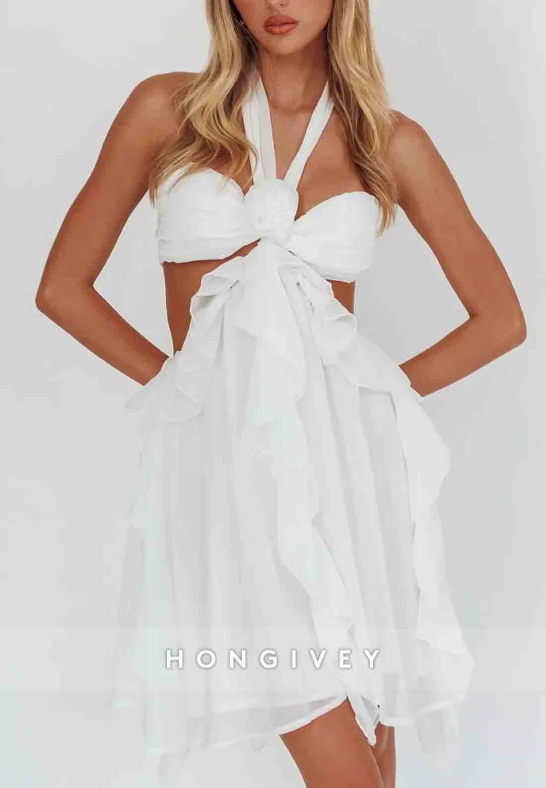 Gorgeous Halter Neck A Line Pink Short Homecoming Dress with Ruffles